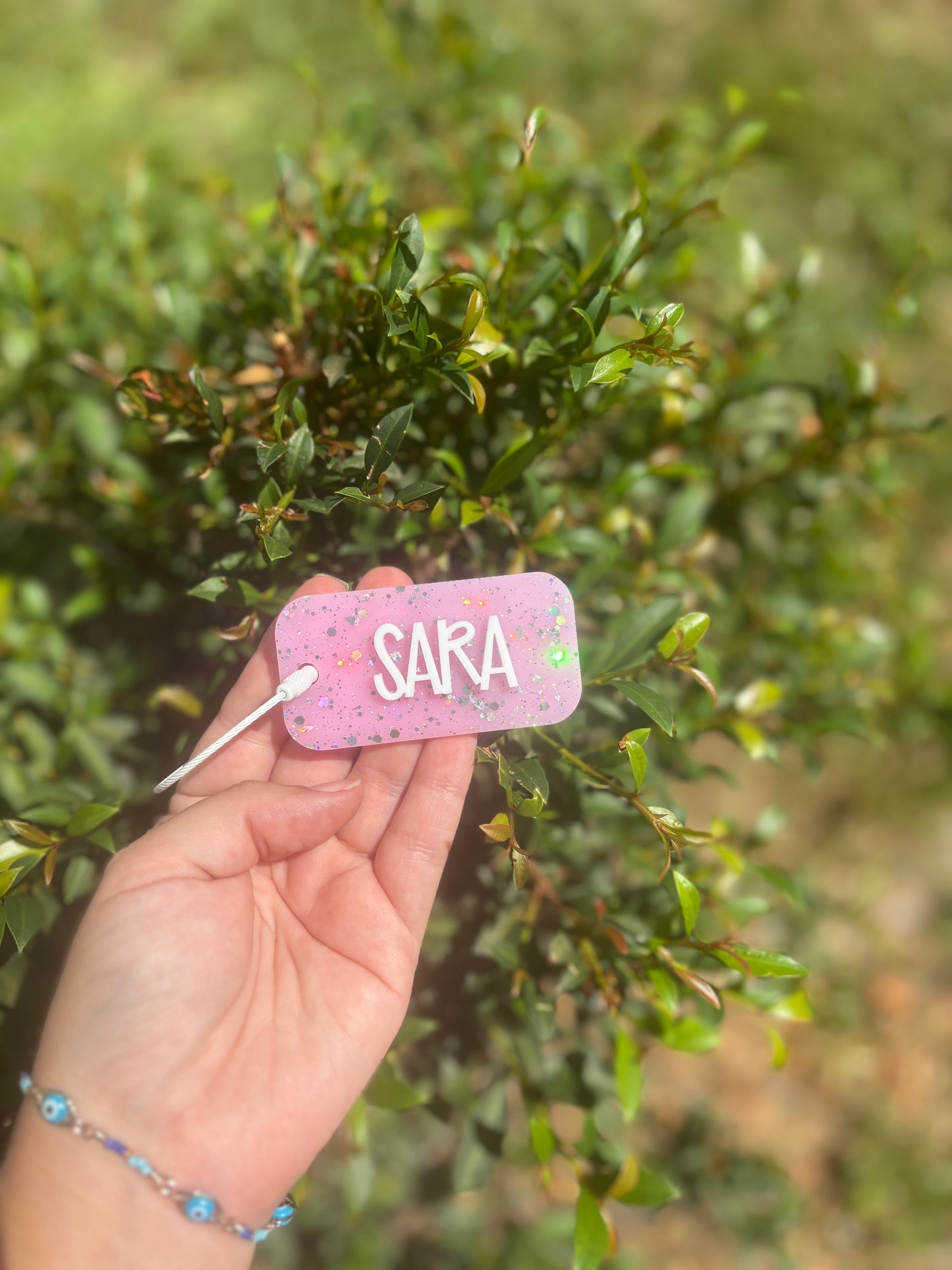 Pink backpack tag