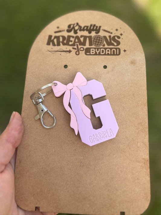 Varsity bow Letter backpack tag, Varsity Letter Keychain, Bow Keychain, Initial keychain