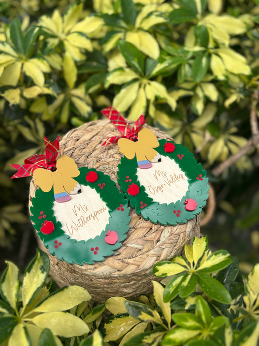 Teacher ornament - wreath with pencil bow