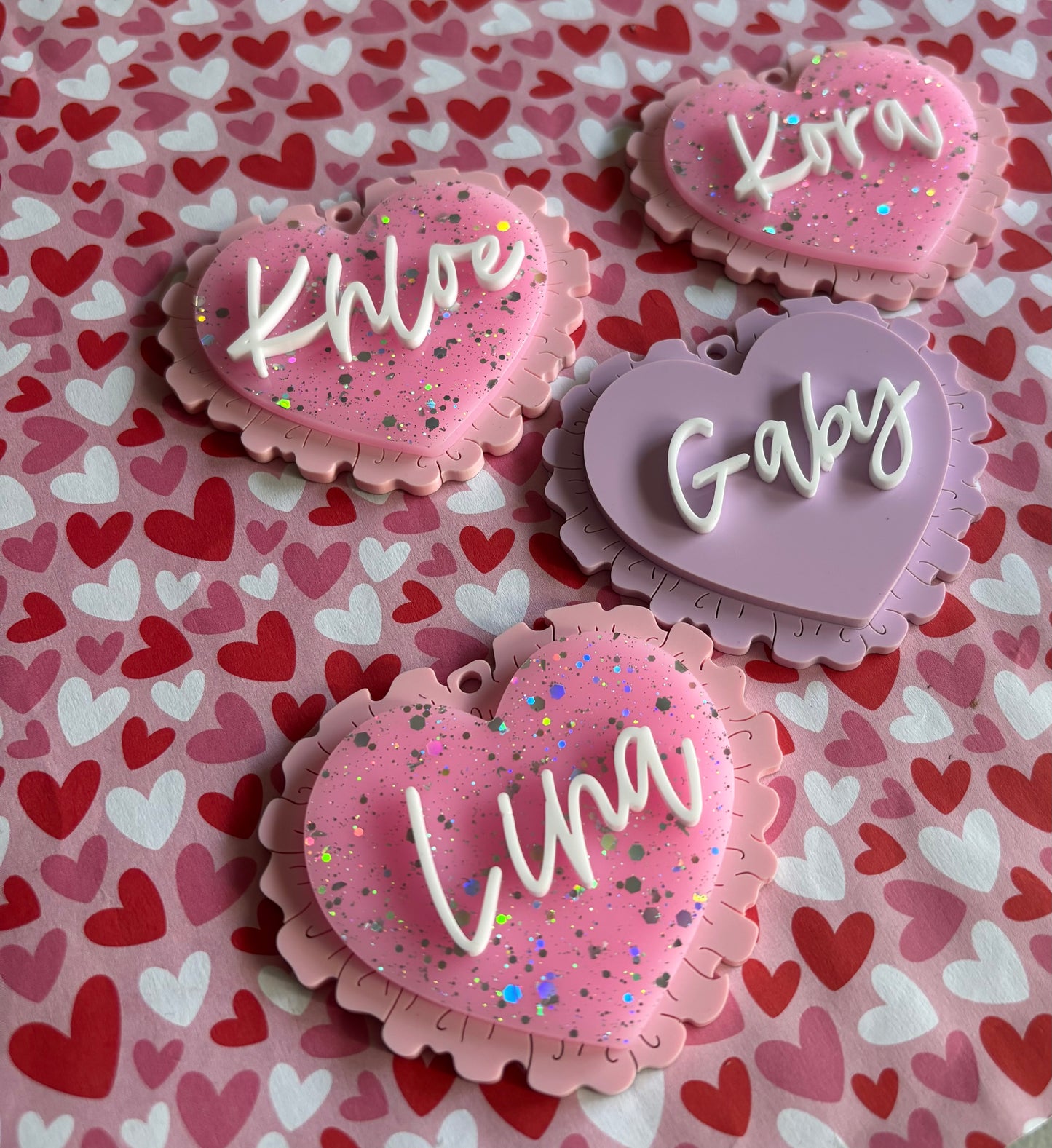 Pink Glitter heart doily tag