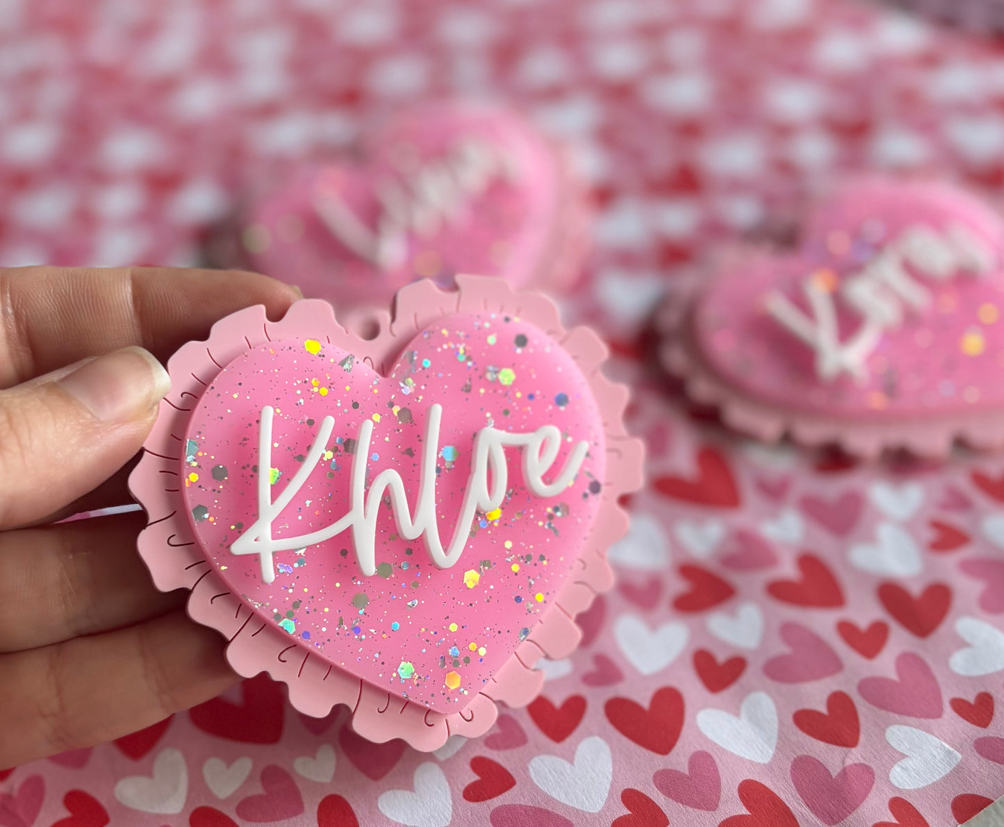 Pink Glitter heart doily tag