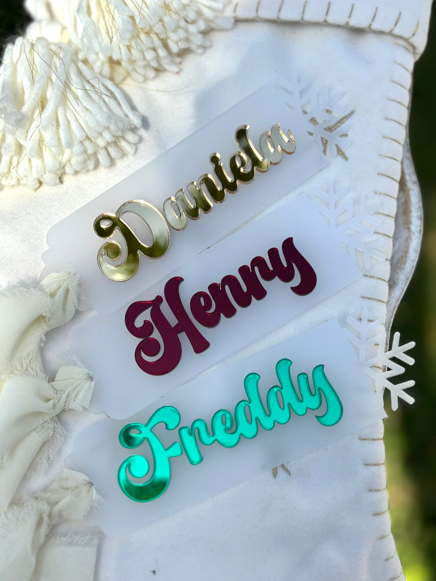 Frosted snowflake stocking tag