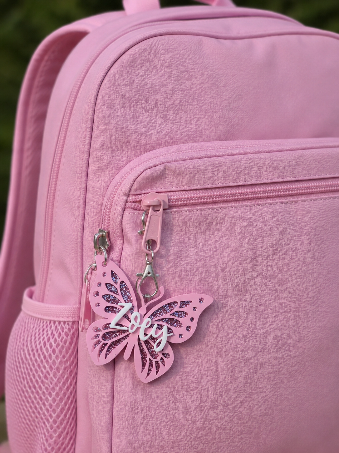 Pink glitter butterfly backpack tag