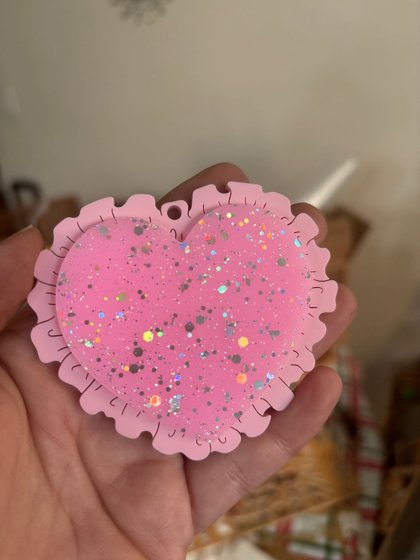 Pink Glitter heart doily tag