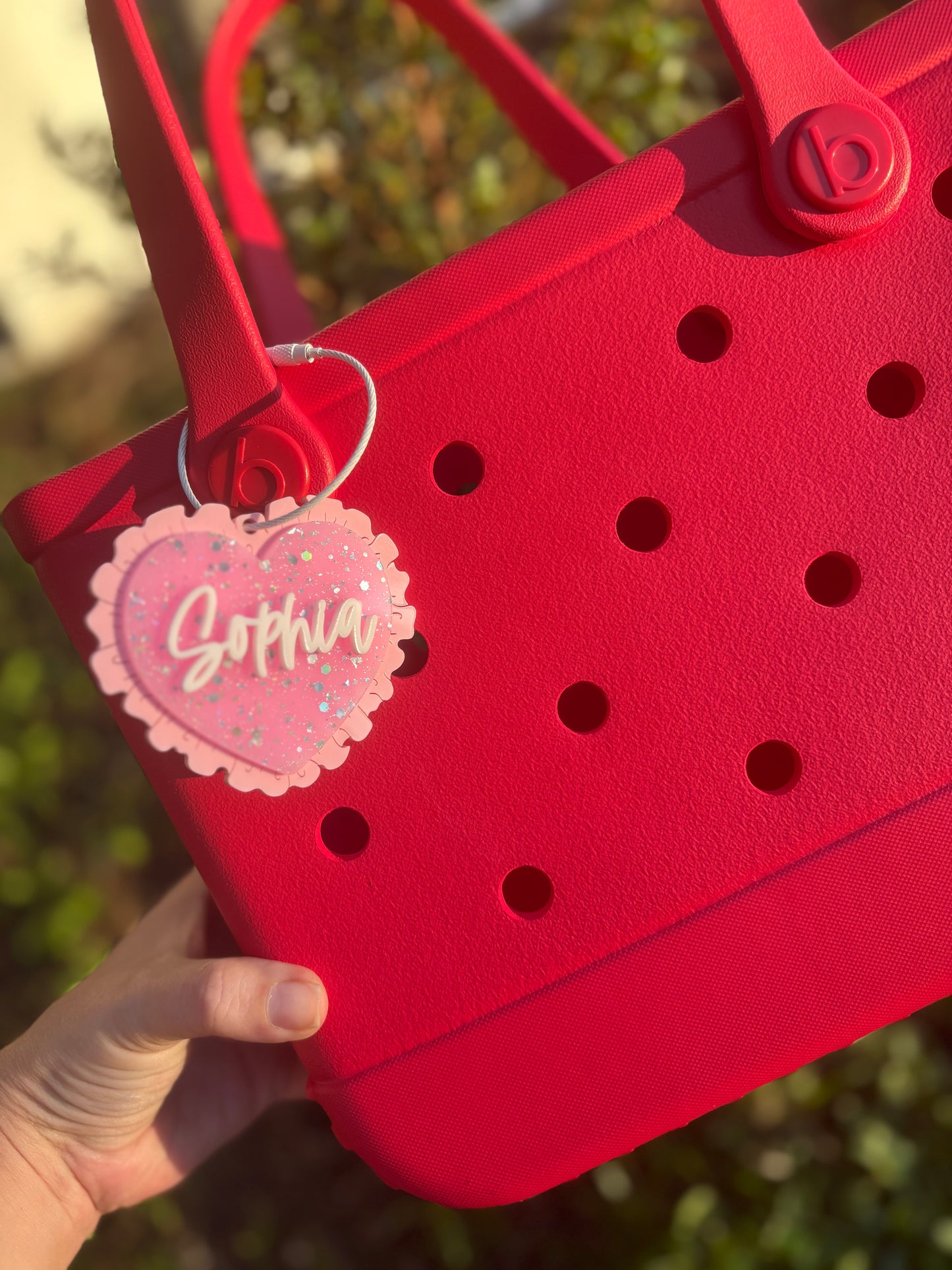 Pink Glitter heart doily tag