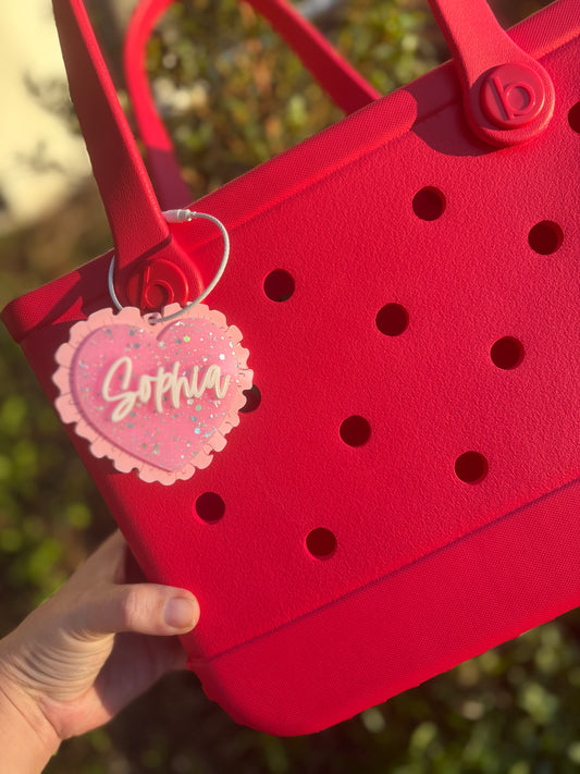 Pink Glitter heart doily tag