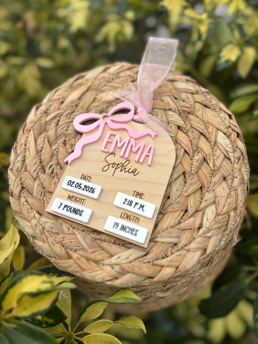 Personalized Baby Birth Stats Ornament with bow