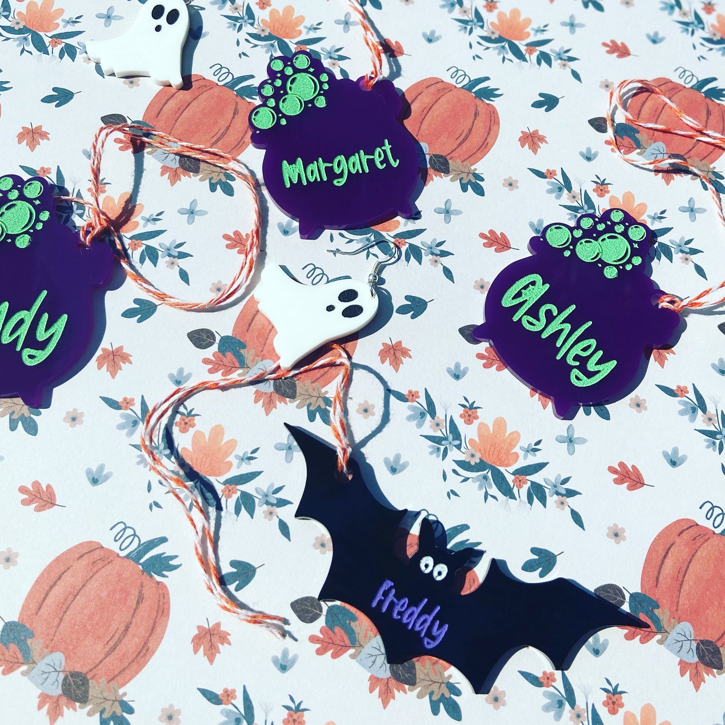 Acrylic Halloween Tag| Wood Halloween tag| Cauldron Tag| Witch hat tag| ghost tag| Bat tag