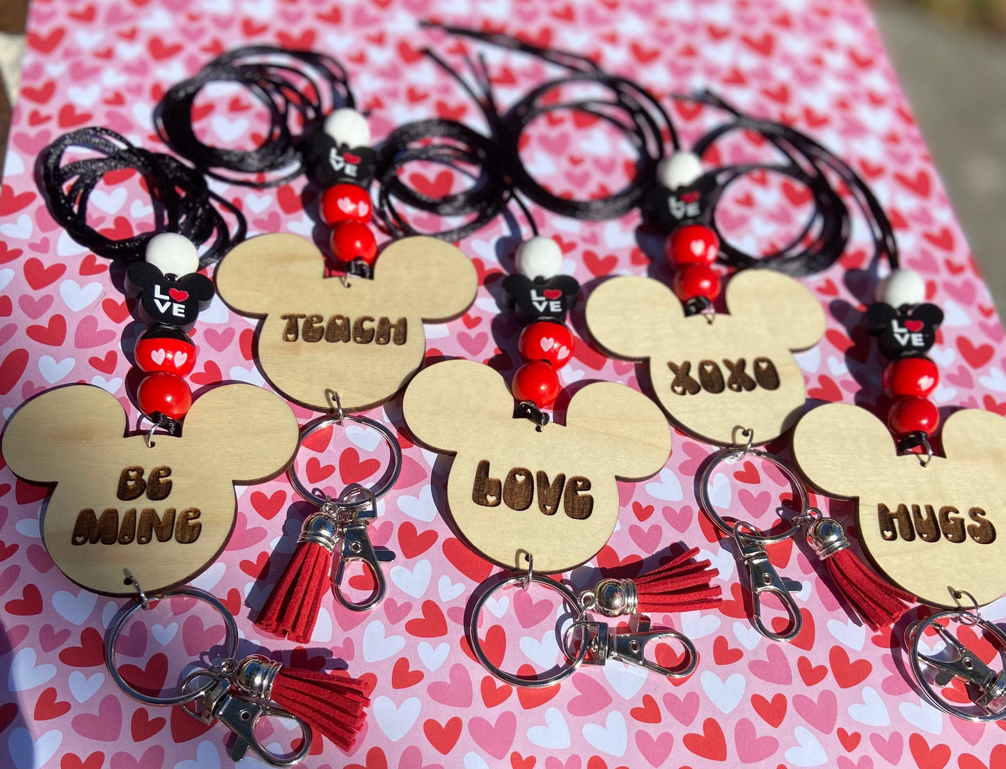 Mouse VALENTINE Lanyard | conversation Heart Lanyard | wood beads | Teacher lanyard | Personalized Lanyard