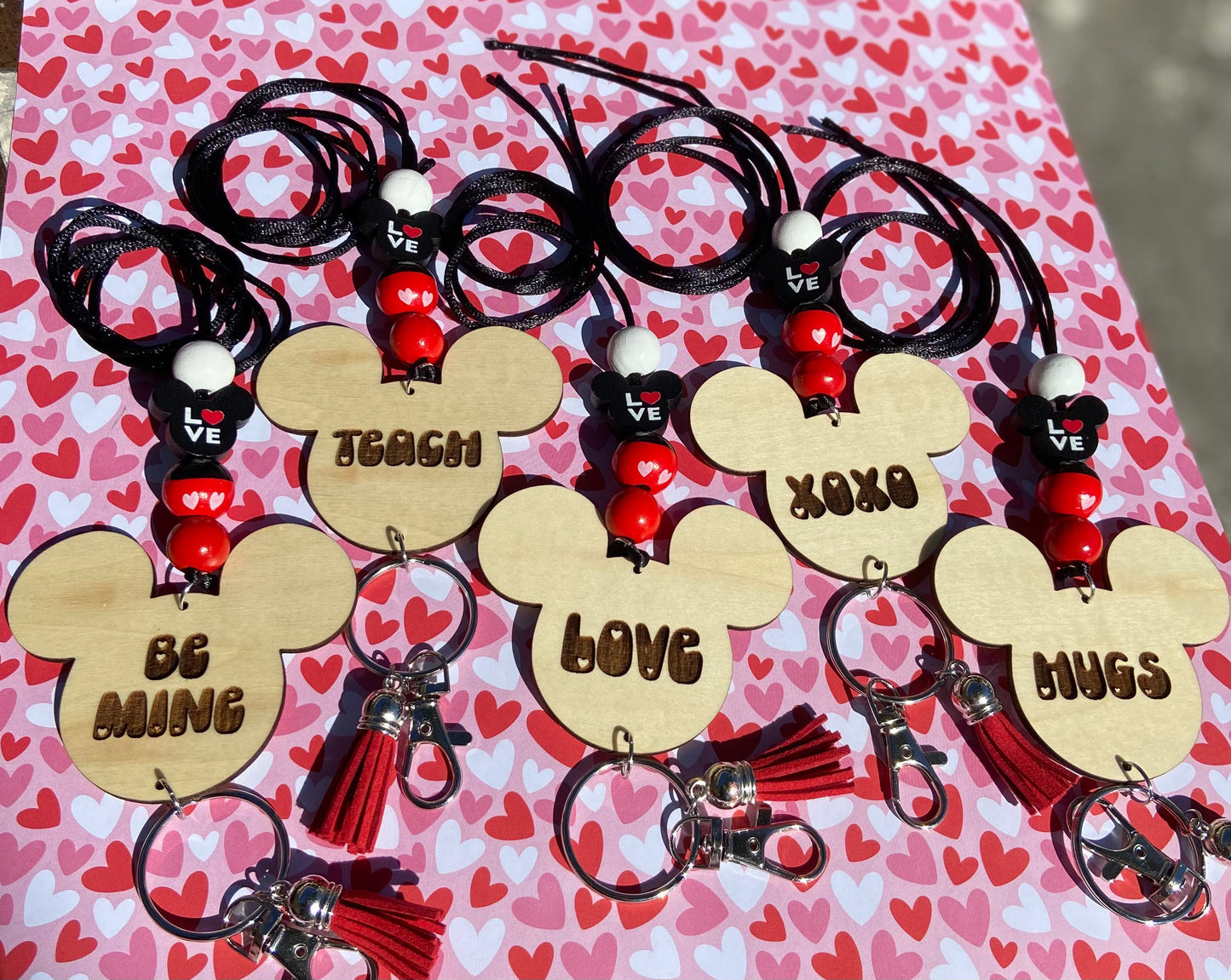 Mouse VALENTINE Lanyard | conversation Heart Lanyard | wood beads | Teacher lanyard | Personalized Lanyard