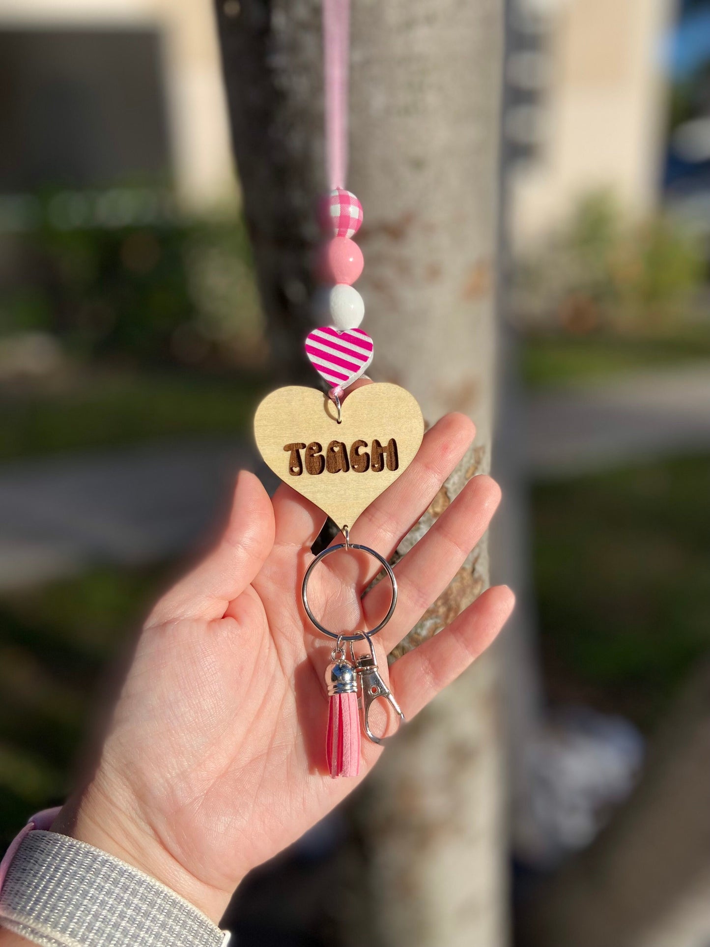 Pink VALENTINE Lanyard | conversation Heart Lanyard | wood beads | Teacher lanyard | Personalized Lanyard