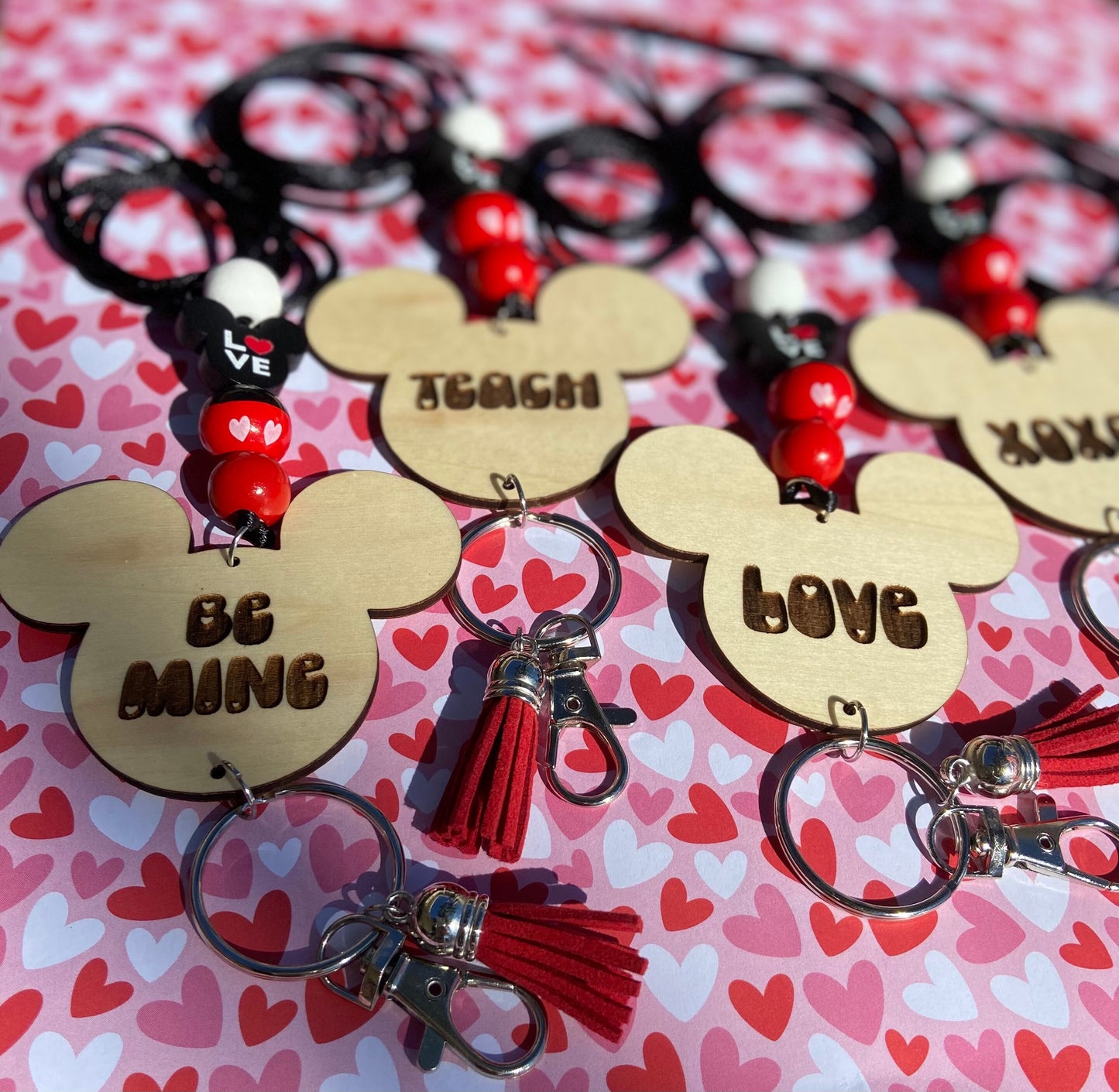 Mouse VALENTINE Lanyard | conversation Heart Lanyard | wood beads | Teacher lanyard | Personalized Lanyard