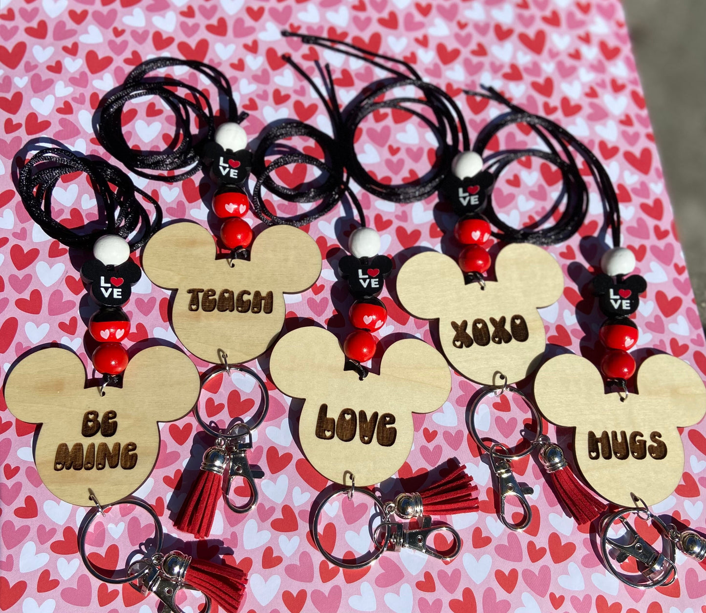 Mouse VALENTINE Lanyard | conversation Heart Lanyard | wood beads | Teacher lanyard | Personalized Lanyard